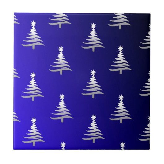 Carreau Arbres de Noël Argent sur Bleu Cobalt (Devant)