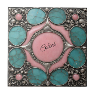 Carreau Argent rose et pierre turquoise