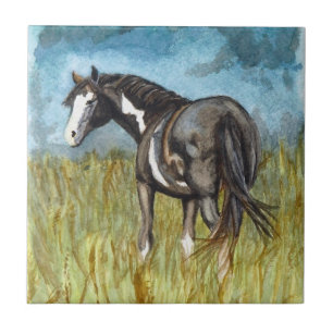 Carreau Art d'aquarelle du Cheval de peinture noir et blan