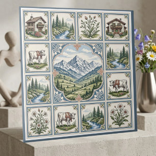 Carreau Art de chalet rustique vaches prairies alpines enn