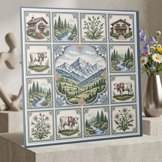 Carreau Art de chalet rustique vaches prairies alpines enn