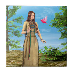 Carreau Art de femme amérindienne forêt oiseau