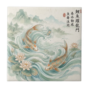 Carreau Art de lavis à l'encre de poisson Koi Lotus