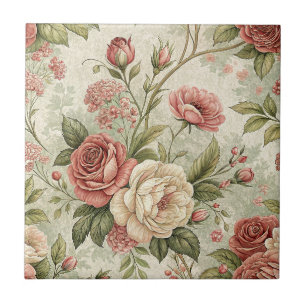 Carreau Art de motif botanique floral rose et crème vintag