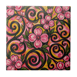 Carreau Art de tourbillon floral rose vibrant
