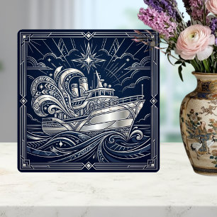 Carreau Art Déco Argent Bateau Vagues Océaniques Nuit Étoi