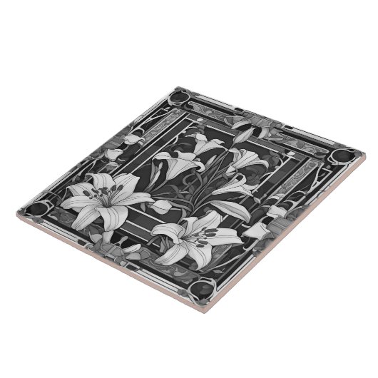 Carreau Art Déco Art Nouveau Blanc Lit Fleur Gris Floral (Côté)