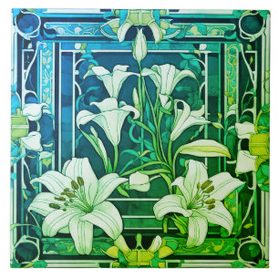 Carreau Art Déco Art Nouveau Lily Fleur vert Floral