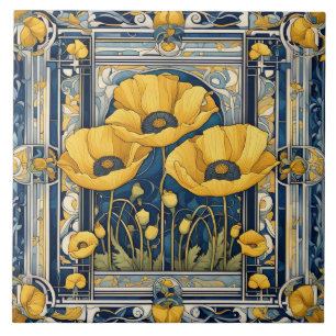 Carreau Art Déco Art Nouveau Pavot Jaune Fleurs Bleu