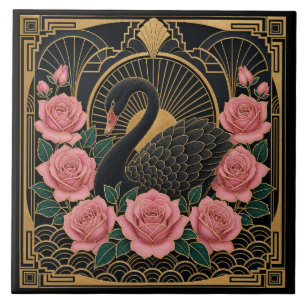 Carreau Art Déco Cygne Noir et Roses Roses