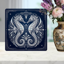 Art Déco Deux Hippocampes Nacré Bleu