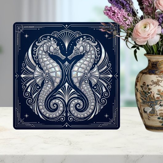 Carreau Art Déco Deux Hippocampes Nacré Bleu