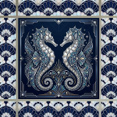 Carreau Art Déco Deux Hippocampes Nacré Bleu