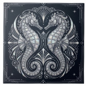 Carreau Art Déco Deux Hippocampes Nacré Bleu (Devant)