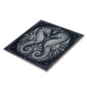 Carreau Art Déco Deux Hippocampes Nacré Bleu (Côté)