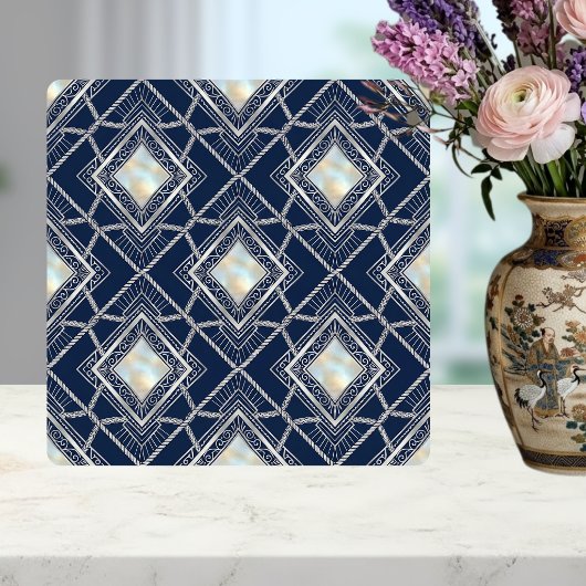 Carreau Art Deco Diamond Geometric Silver Navy Inlay