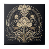 Carreau Art déco floral élégant noir et or (Devant)