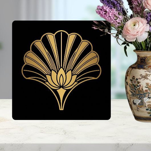 Carreau Art Deco Gold Lotus Fan Black Ceramic Tile