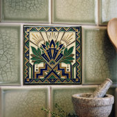 Carreau Art Deco Lotus Floral Navy Blue Gold Green Pattern