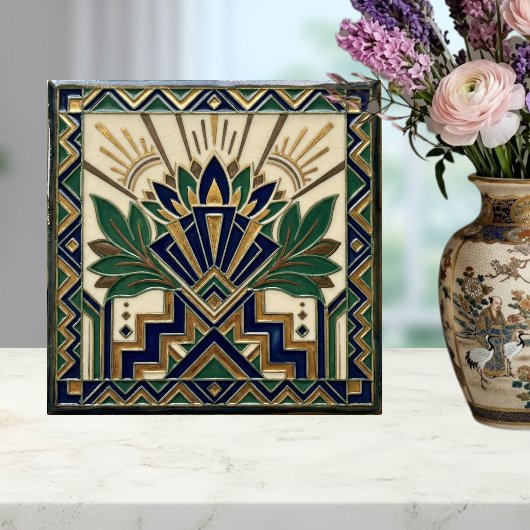 Carreau Art Deco Lotus Floral Navy Blue Gold Green Pattern