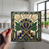 Carreau Art Deco Lotus Floral Navy Blue Gold Green Pattern