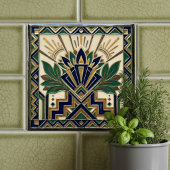 Carreau Art Deco Lotus Floral Navy Blue Gold Green Pattern