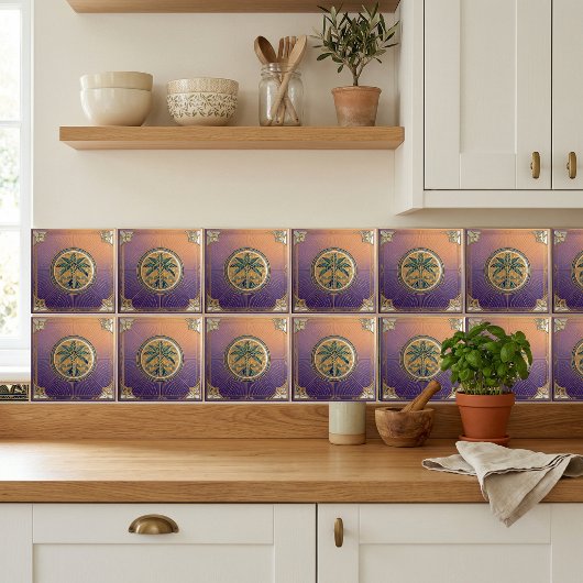 Carreau Art Deco Palm Tree Sunrise Gradient Ceramic Tile