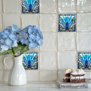 Carreau Art Déco Pétales de fleurs bleu blanc or