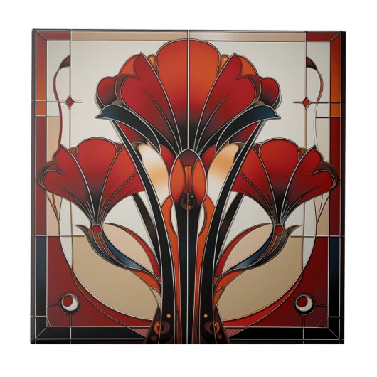Carreau Art Deco Red Black White Abstract  Floral   (Devant)