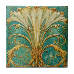 Carreau Art Déco Rétro Or Turquoise Fleur de Trompette