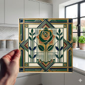 Carreau Art Deco Rose Geometric Emerald Green Tile