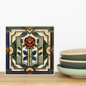 Carreau Art Deco Rose Red Blue Green Gold Floral Art Tile