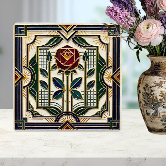 Carreau Art Deco Rose Red Blue Green Gold Floral Art Tile