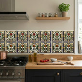 Carreau Art Deco Rose Red Blue Green Gold Floral Art Tile