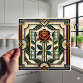 Carreau Art Deco Rose Red Blue Green Gold Floral Art Tile