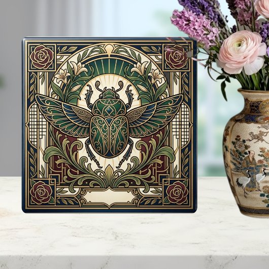 Carreau Art Deco Scarab Beetle Green Gold Floral Ceramic 