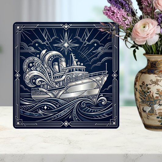 Carreau Art Deco Silver boat Ocean Waves Starry Night