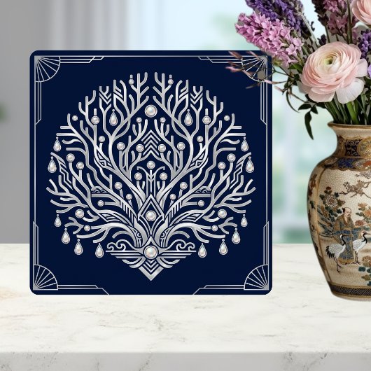 Carreau Art Deco Silver Tree Pearls Navy Marine