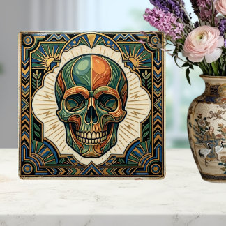 Carreau Art Deco Skull Emerald Green Orange Gold Ceramic T