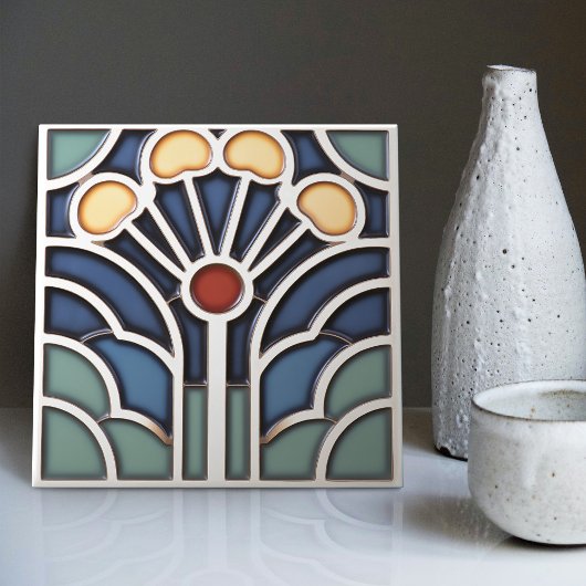 Carreau Art Deco Stylized Sunburst Tree Tile