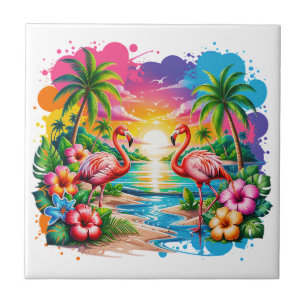 Carreau Art du paradis du coucher de soleil flamant rose t