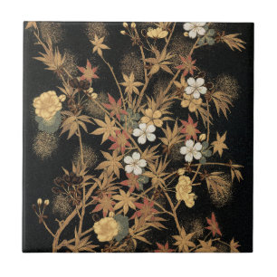 Carreau Art floral automnal noir doré vintage japonais
