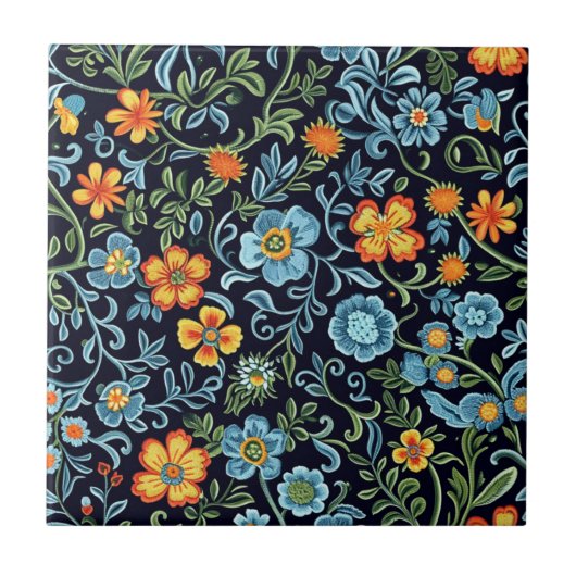 Carreau Art floral complexe : Fleurs bleues et orange (Devant)