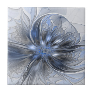Carreau Art floral fractal abstrait aquarelle gris bleu