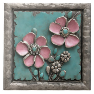 Carreau Art floral turquoise et rose avec cadre argenté