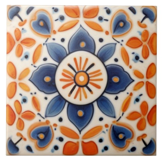 Carreau Art folklorique Floral Orange & Fleur Bleue (Devant)