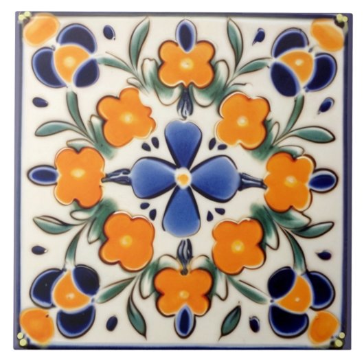 Carreau Art folklorique Floral Orange & Fleurs Bleues (Devant)