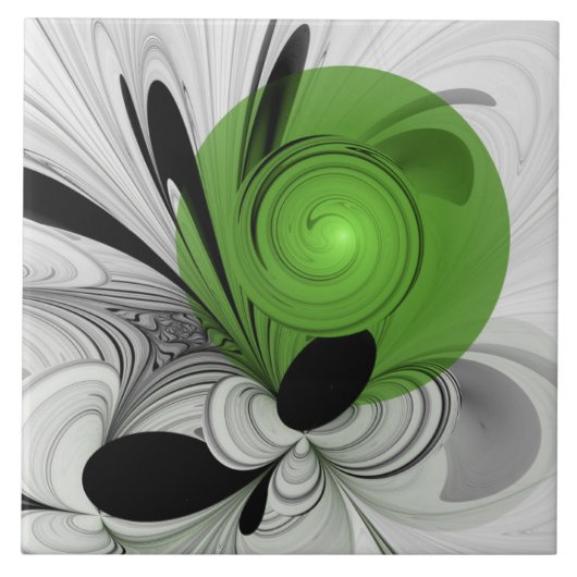 Carreau Art fractal abstrait noir et blanc avec vert (Devant)