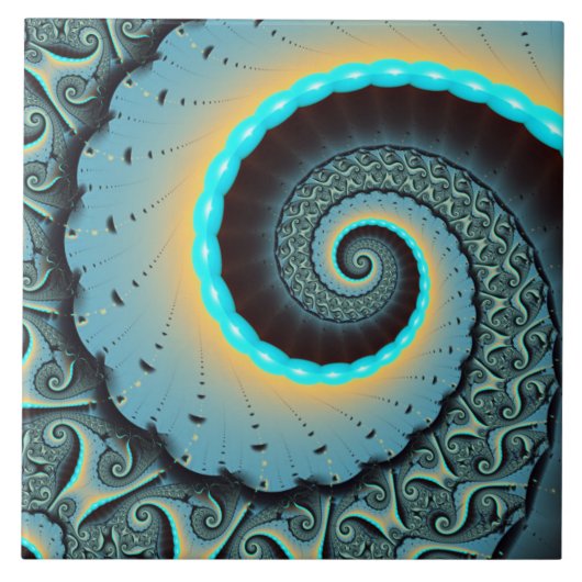 Carreau Art fractal spirale abstrait bleu turquoise orange (Devant)
