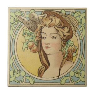 Carreau Art français vintage Nouveau de femme en céramique